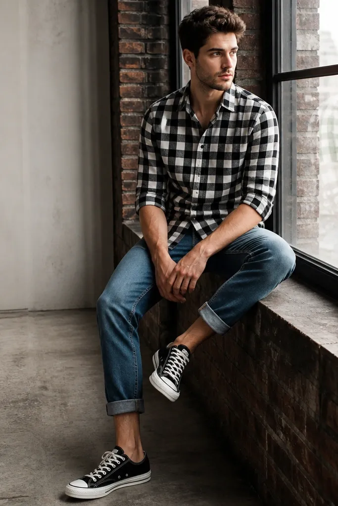 Medium blue cuffed jeans with a black-and-white check shirt and black low-top Converse