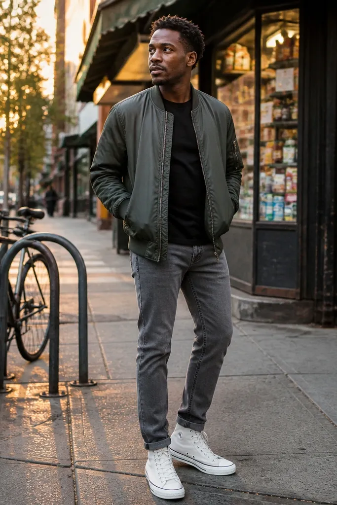 Grey jeans with a black tee and an olive bomber, plus white high-top Converse