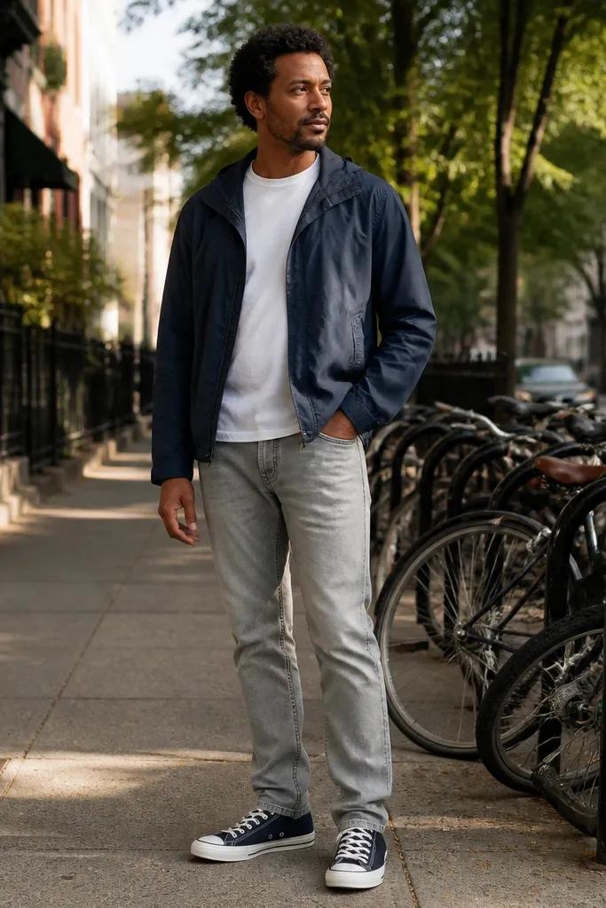 Light grey jeans with a white tee, navy windbreaker, and navy low-top Converse
