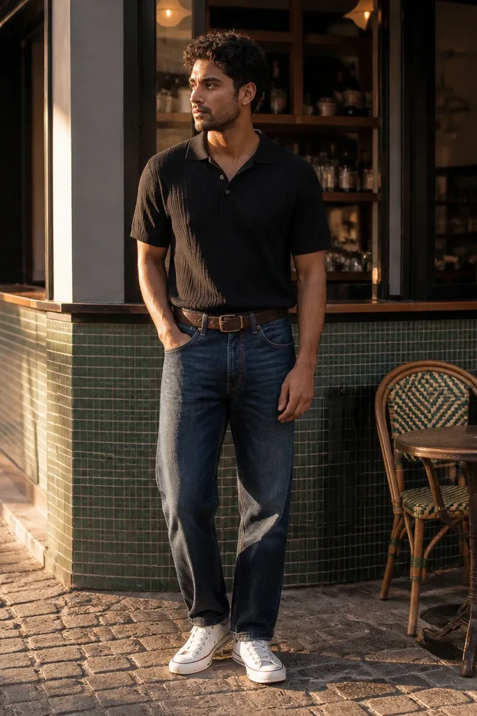 Indigo jeans with a black knit polo, brown belt, and white Converse