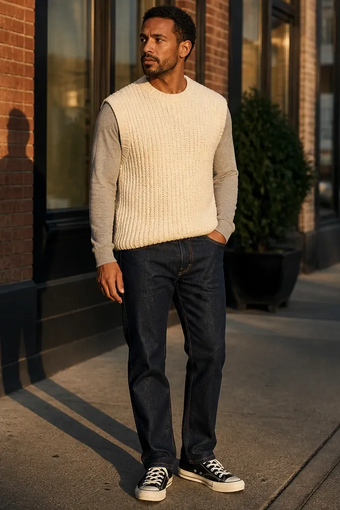 Dark wash jeans with a cream sweater vest over a long-sleeve tee and black Converse