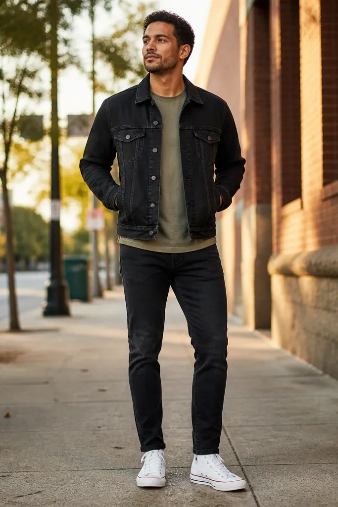Rinsed black jeans with an olive t-shirt under a black denim jacket and white high-top Converse