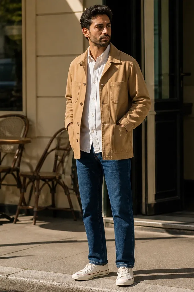 Blue jeans with a white Oxford shirt, tan chore jacket, and white Converse