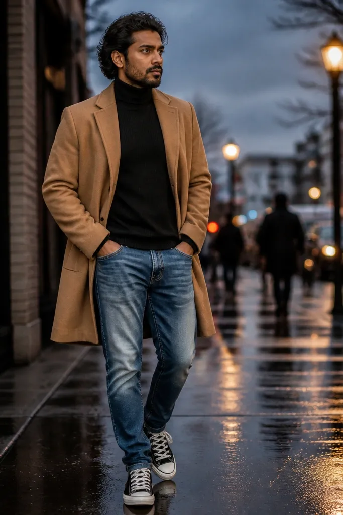 Stone-wash jeans with a black turtleneck, camel coat, and black high-top Converse