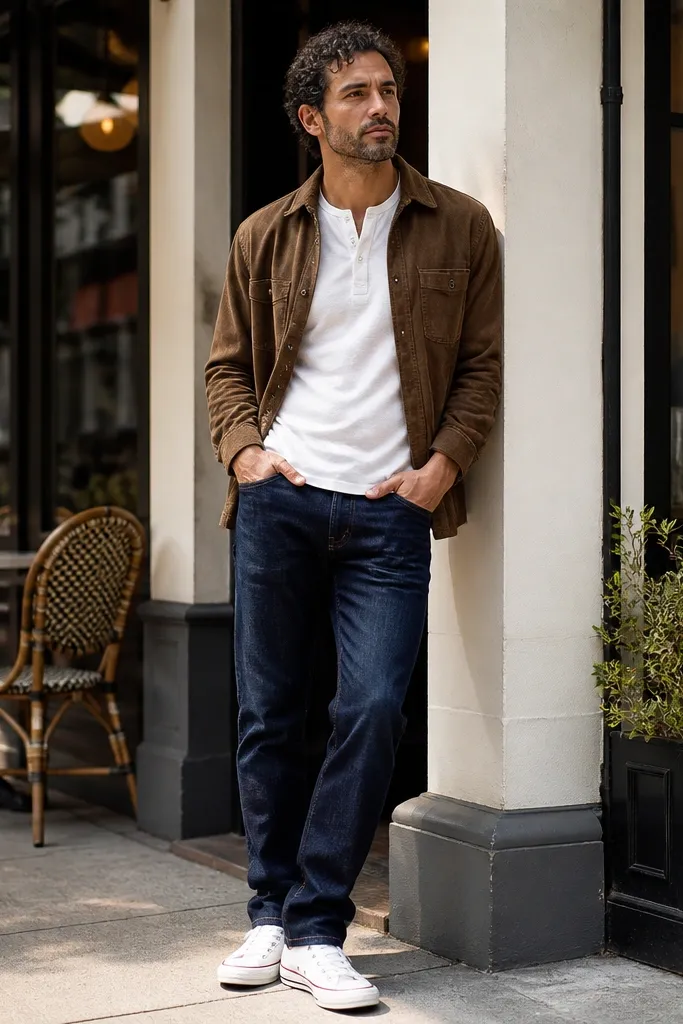 Navy jeans with a white henley, brown overshirt, and white low-top Converse