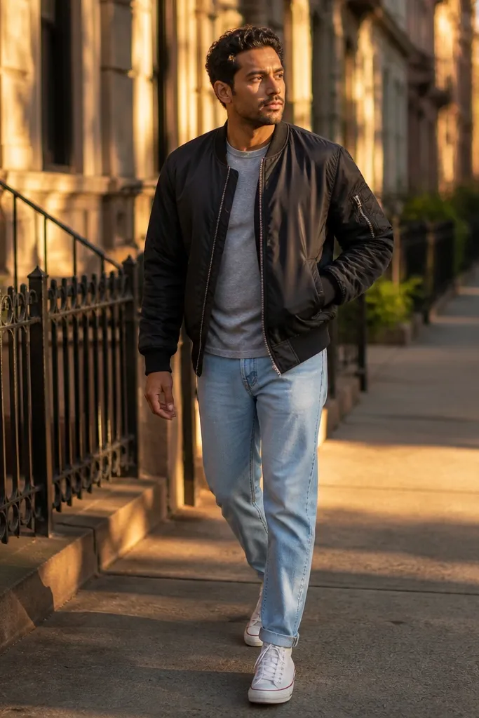 Light blue jeans with a black bomber, grey tee, and white high-top Converse