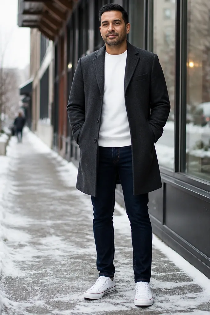 Dark indigo jeans with a white sweatshirt, charcoal overcoat, and white Converse