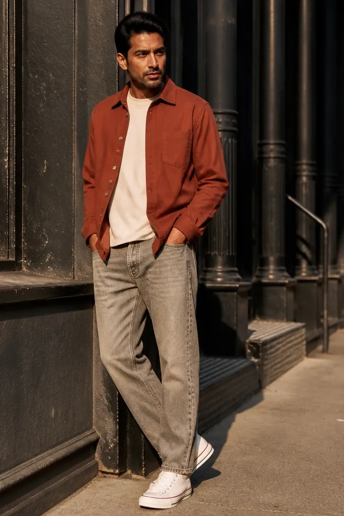 Stone-wash straight jeans with rust overshirt and ecru tee