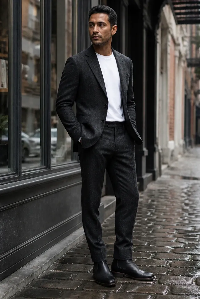 Charcoal wool suit with a white tee and black leather Chelsea boots