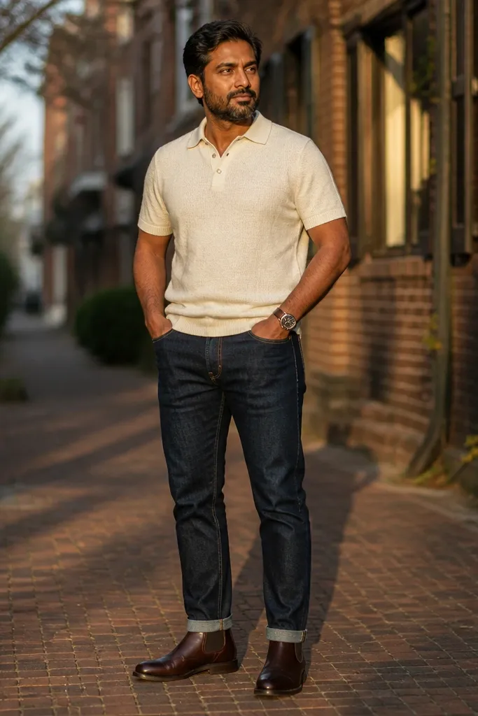Indigo selvedge jeans with a cream knit polo and dark brown Chelsea boots