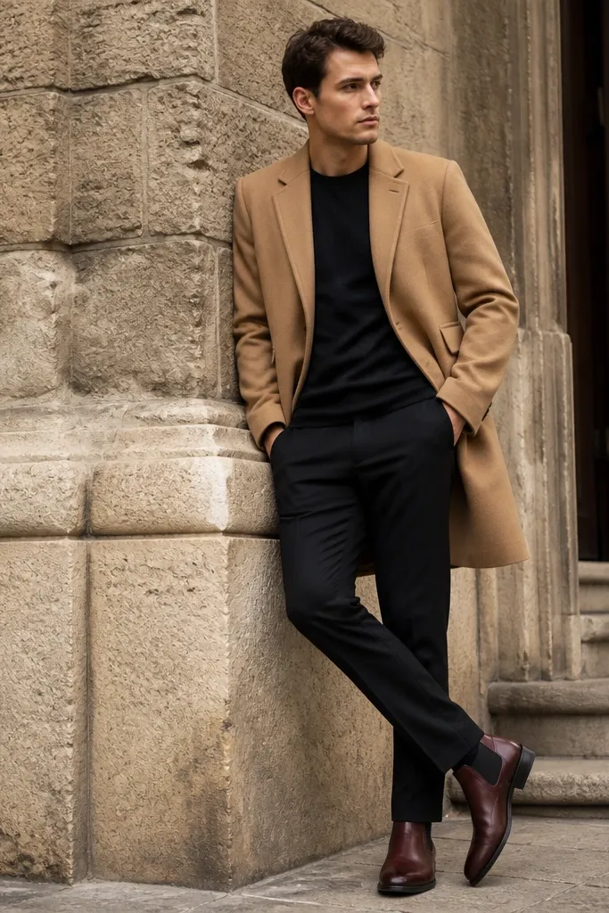 Camel overcoat over black chinos with oxblood Chelsea boots