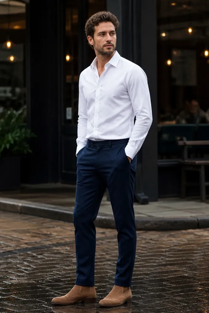 White button-down with navy trousers and tan suede Chelsea boots