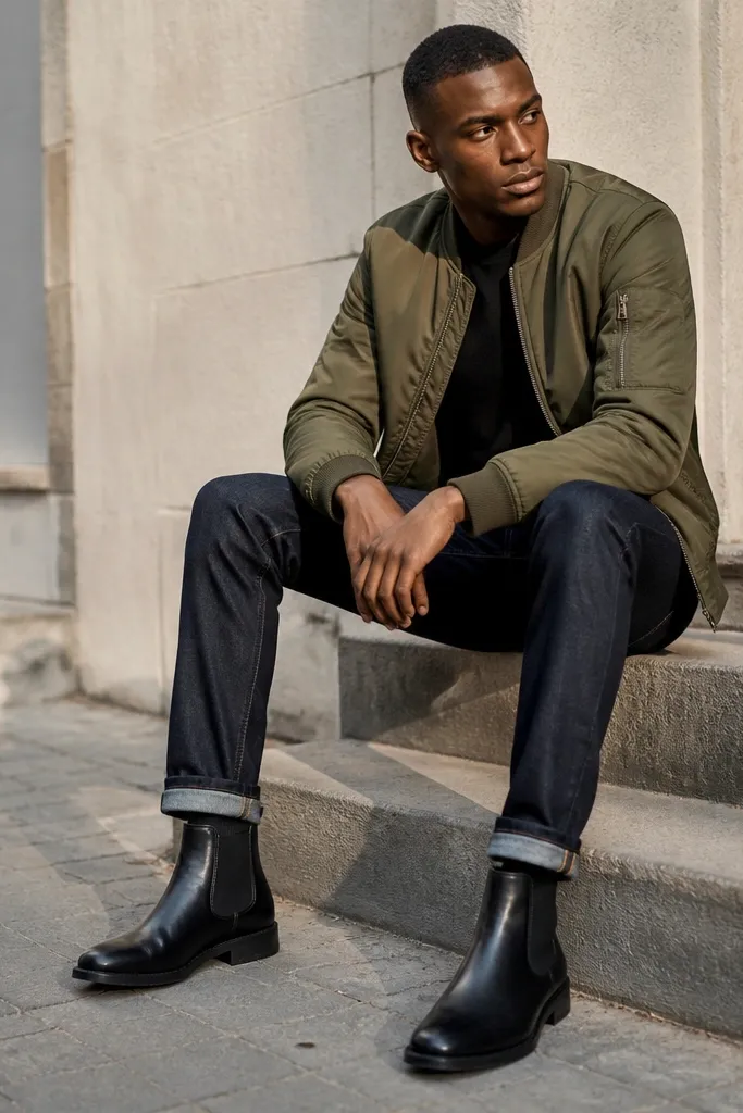 Olive bomber jacket with dark-wash jeans and black Chelsea boots