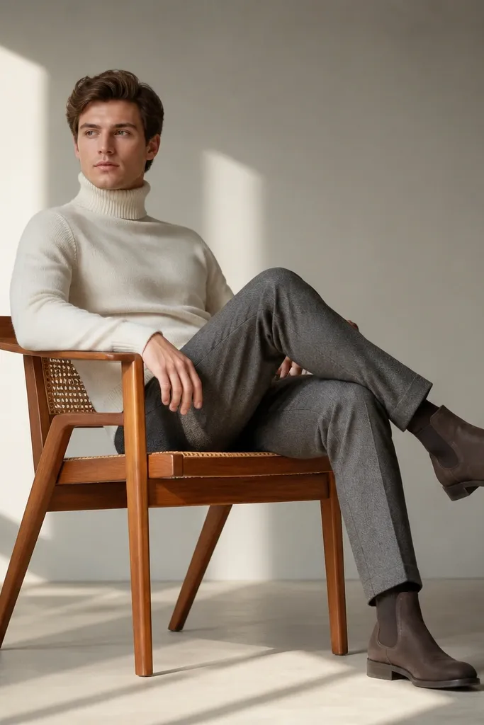 Cream turtleneck with mid-grey wool trousers and brown Chelsea boots