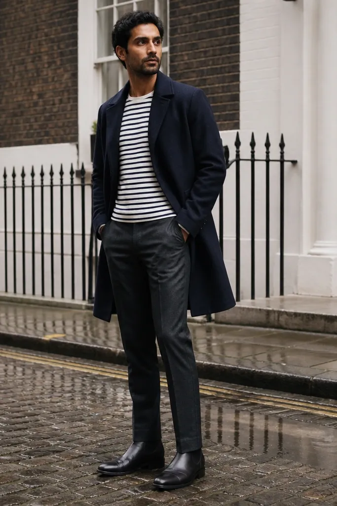 Navy overcoat over a striped shirt with slim trousers and black Chelsea boots