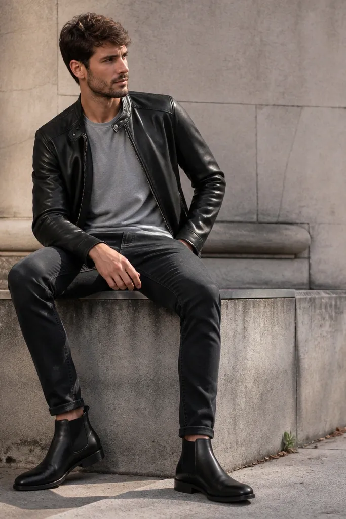 Black leather jacket with grey tee, dark jeans, and black Chelsea boots