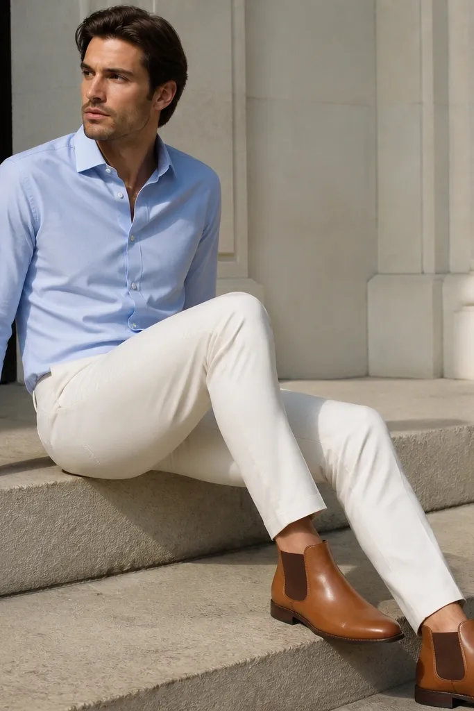 Light blue oxford shirt with cream trousers and cognac Chelsea boots