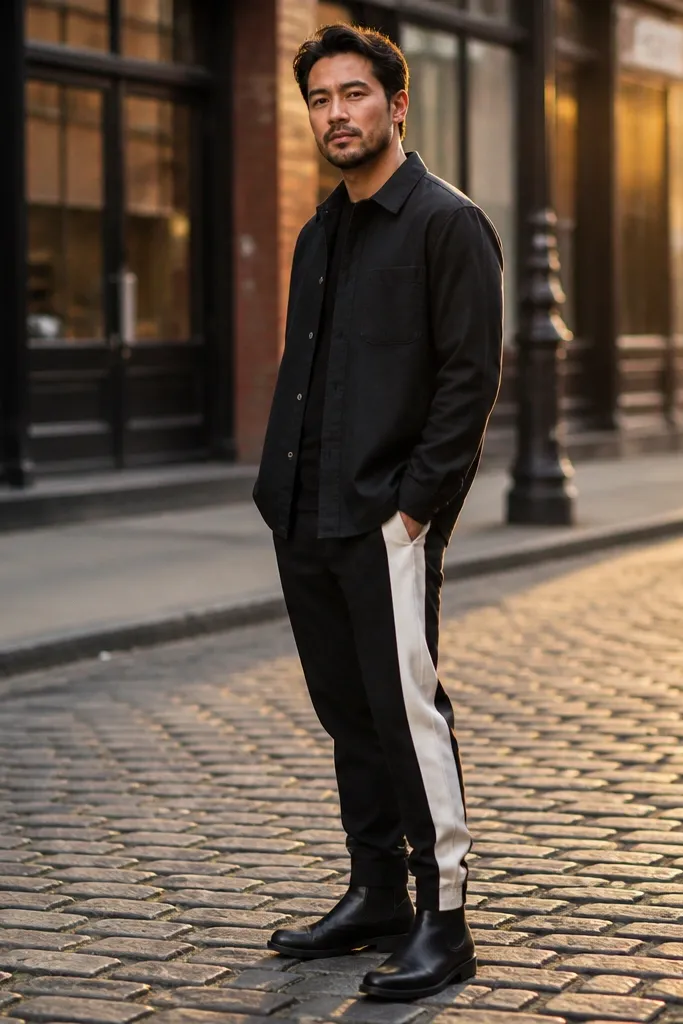 Charcoal over-shirt with black-and-white trousers and black Chelsea boots