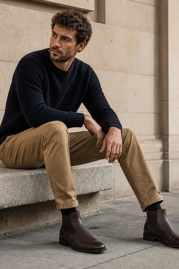 Navy knit sweater with camel chinos and chocolate leather Chelsea boots