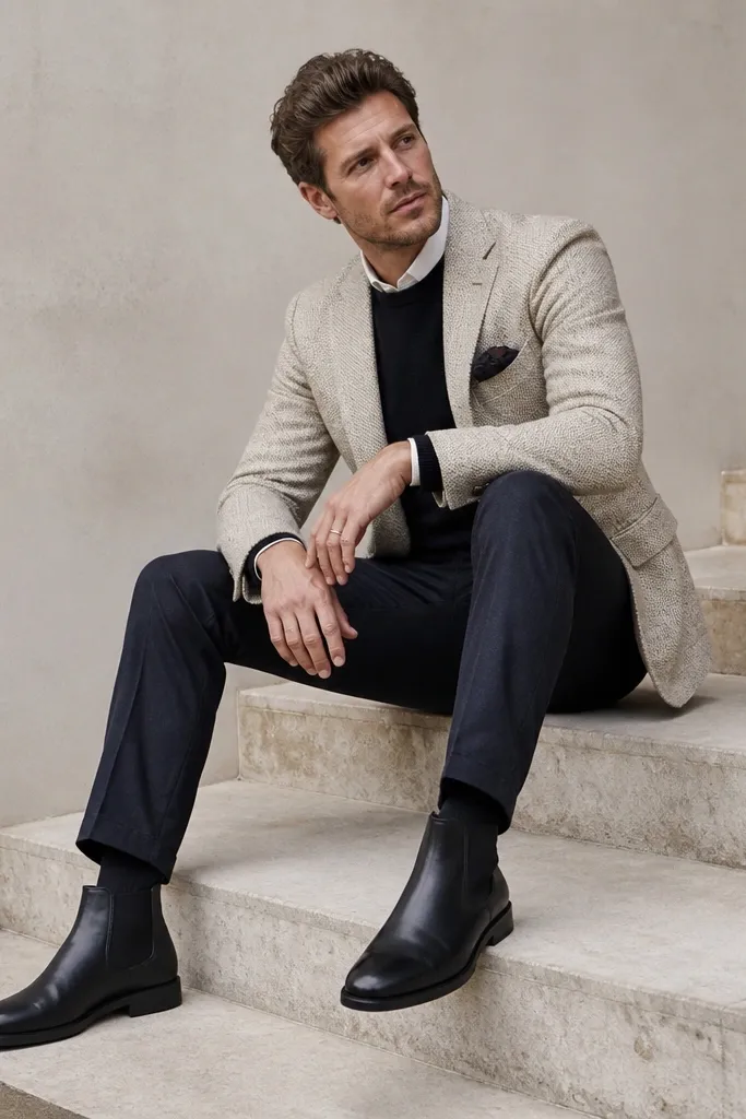 Cream tweed blazer with dark trousers and black Chelsea boots