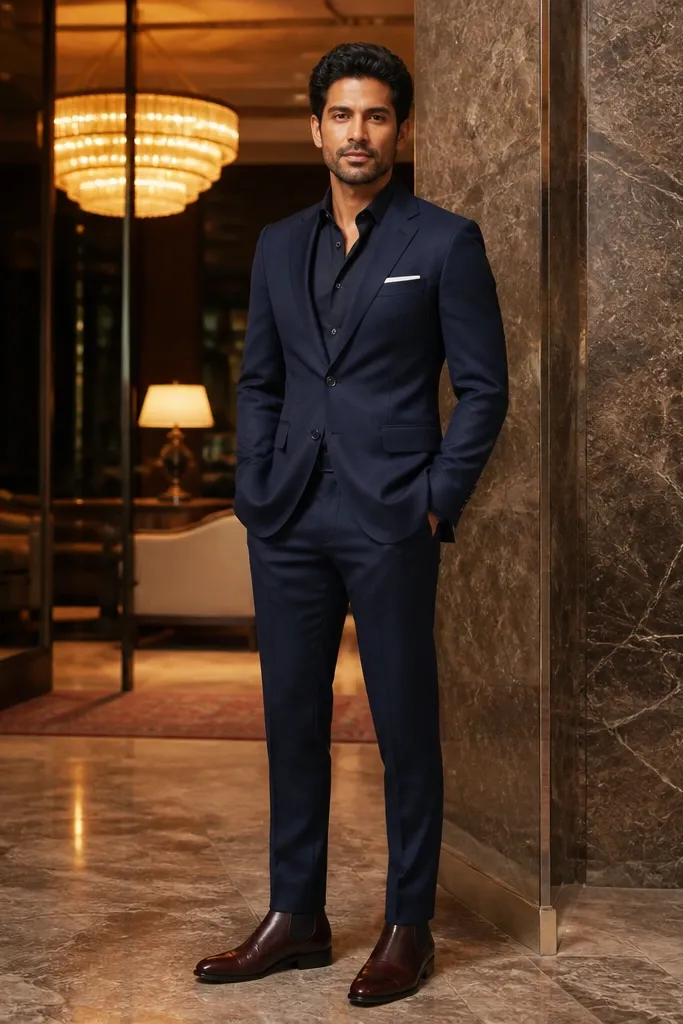 Navy suit with a white pocket square and burgundy Chelsea boots