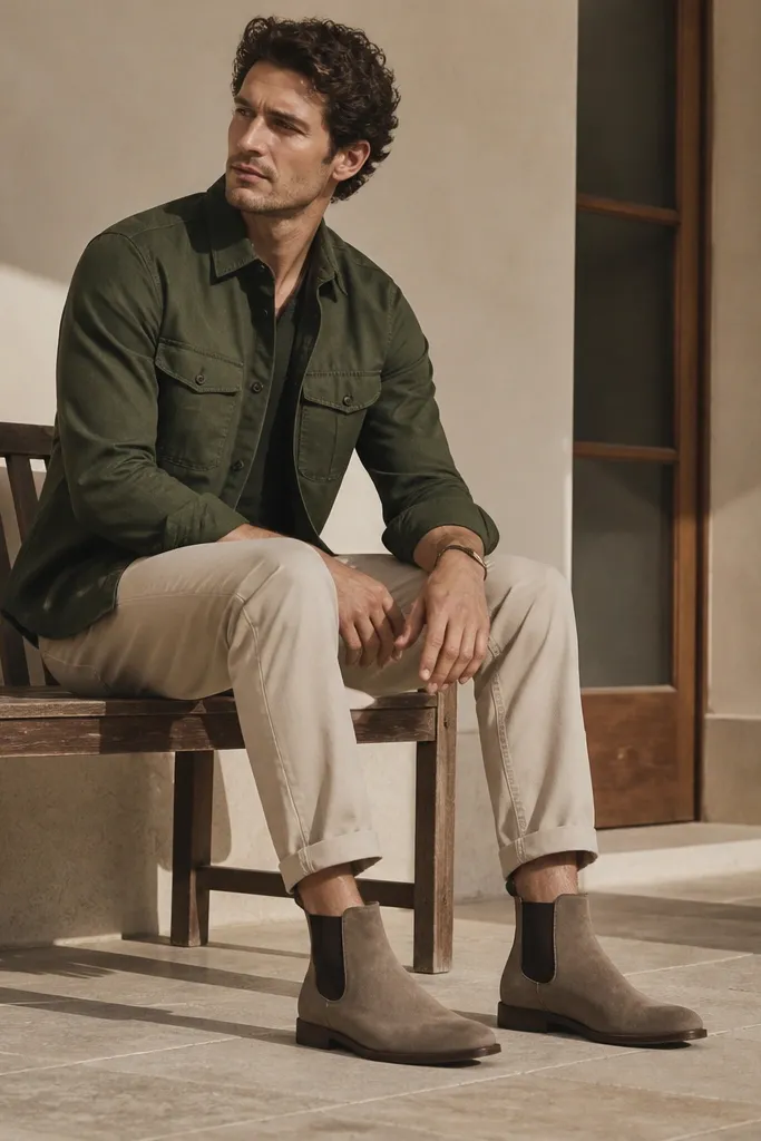 Dark green overshirt with beige chinos and taupe suede Chelsea boots