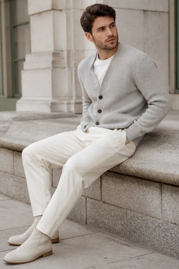 Off-white trousers and light grey cardigan with cream Chelsea boots