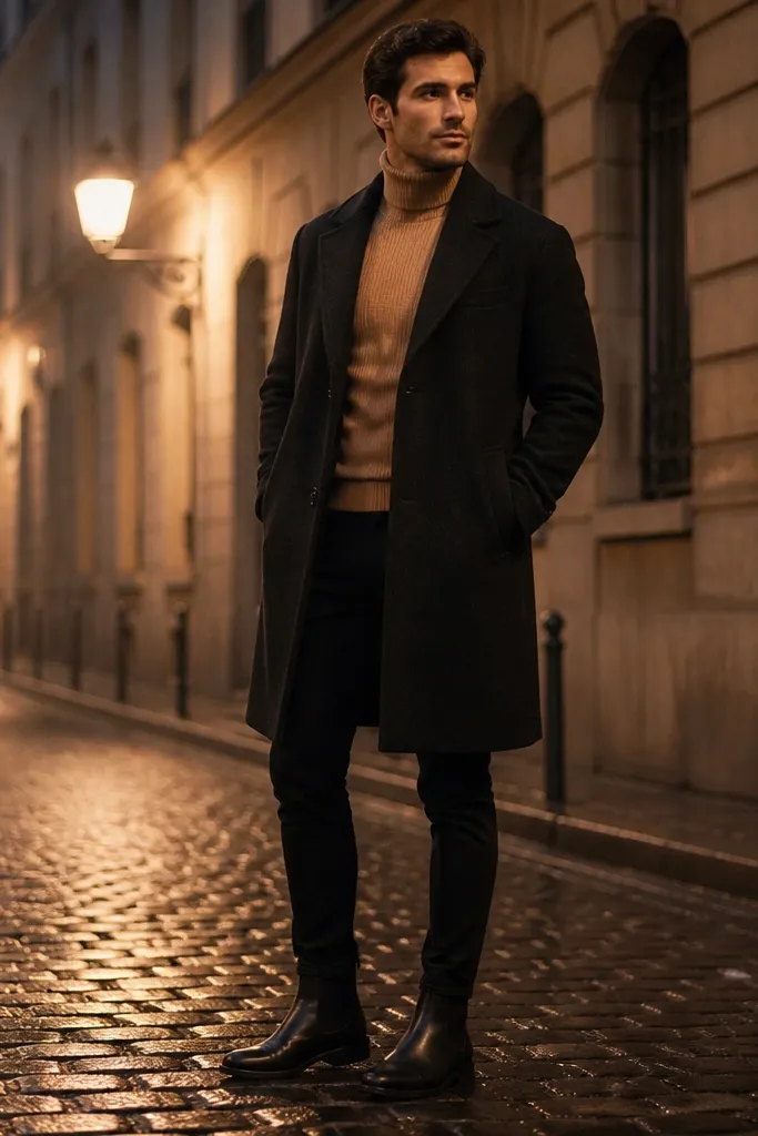 Camel turtleneck with black overcoat and slim black pants plus black Chelsea boots