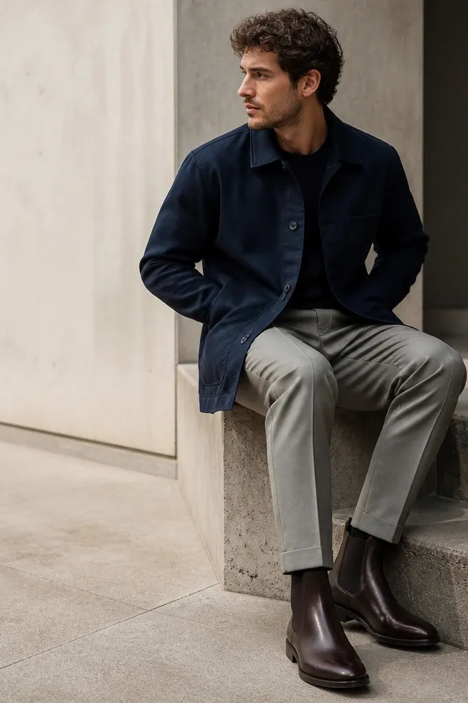 Navy chore coat with light grey trousers and chocolate Chelsea boots