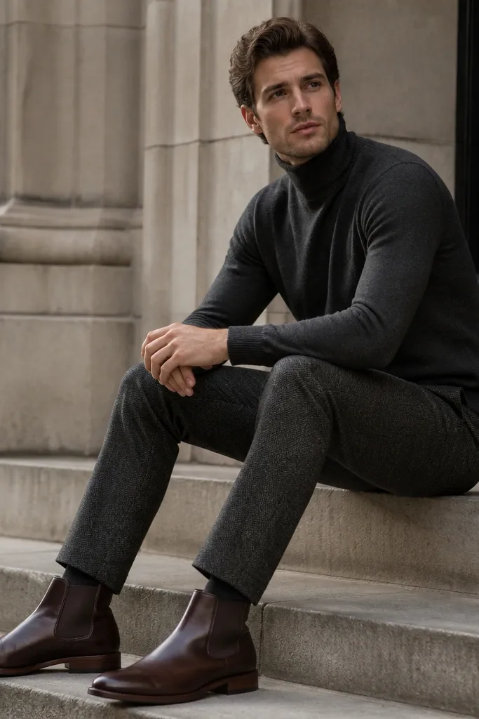 Charcoal turtleneck with tweed trousers and oxblood Chelsea boots