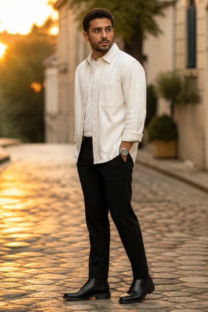 White overshirt over black trousers with black Chelsea boots and a silver watch