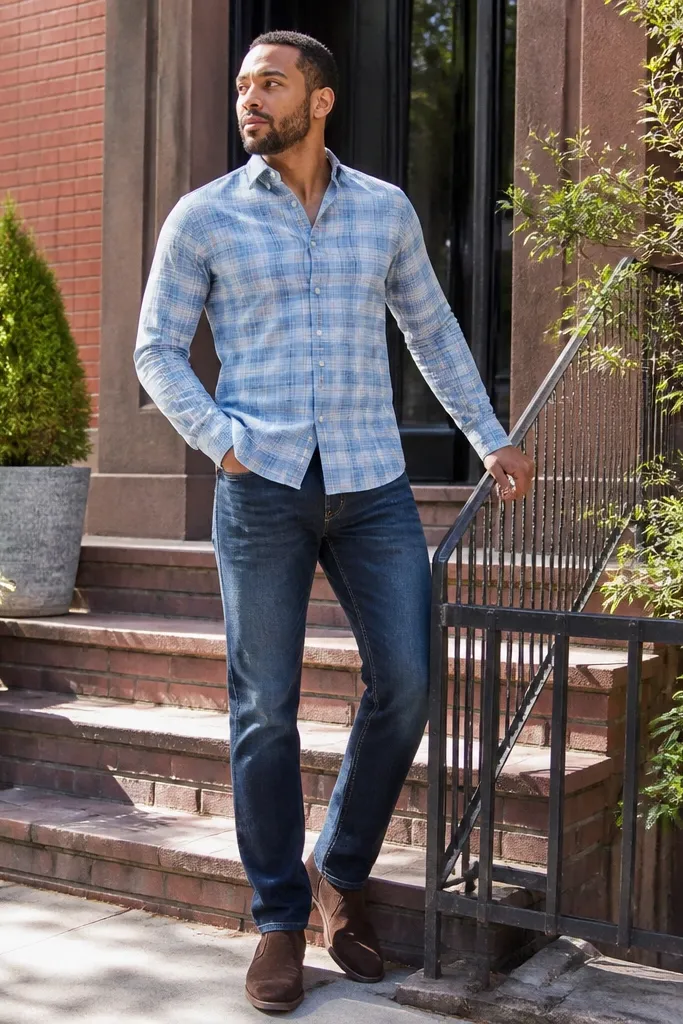 Pale blue flannel shirt buttoned mid-chest with dark indigo jeans and white sneakers