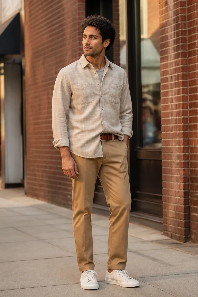 Oatmeal flannel half-tucked over straight khaki pants with tan loafers