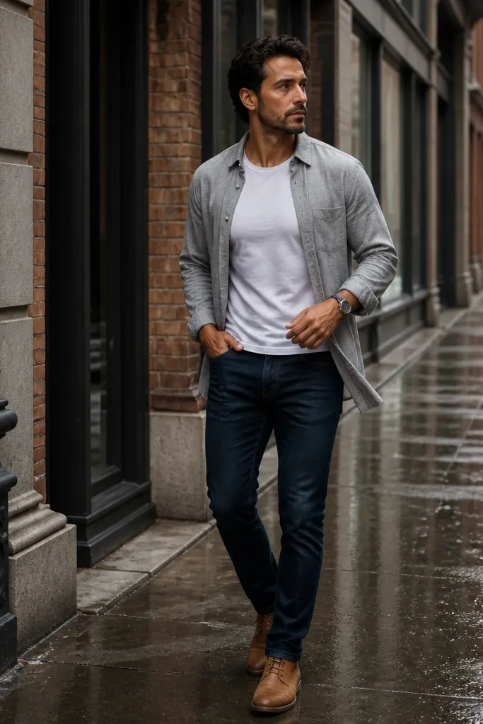Light grey flannel worn open over a fitted white crew tee with black jeans