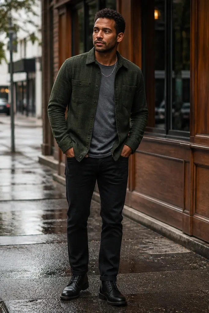 Forest green light flannel with black denim and white sneakers