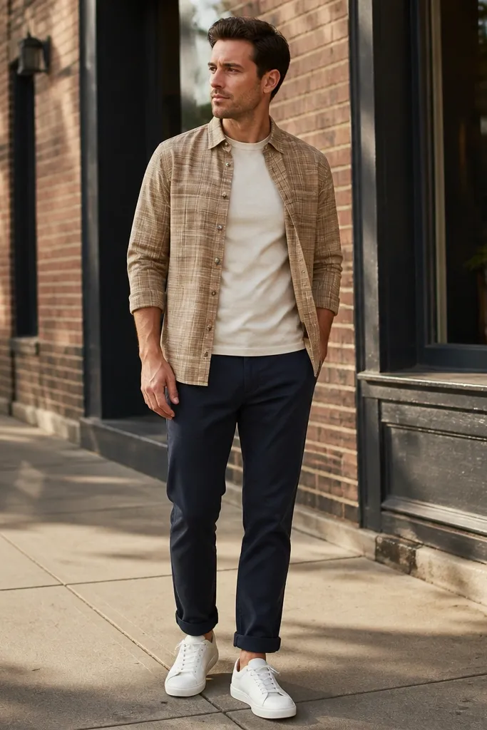 Tan light flannel over navy chinos with cuffed sleeves and brown leather boots