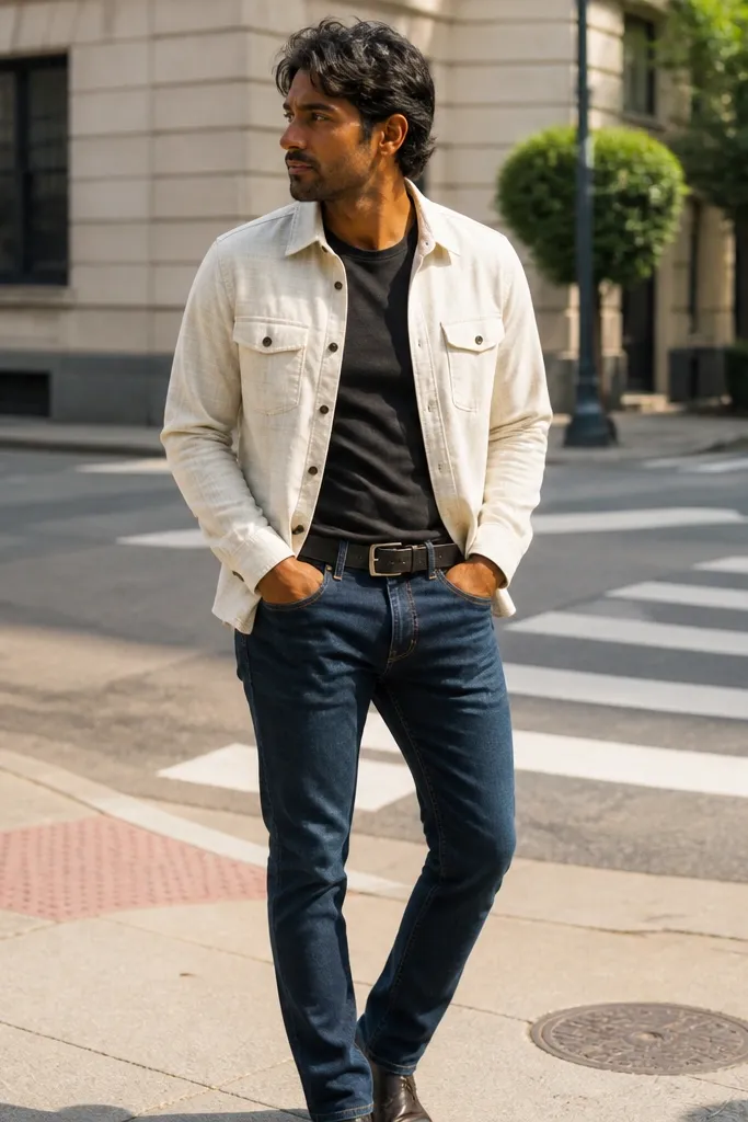 White flannel over a dark tee with blue jeans and a black belt