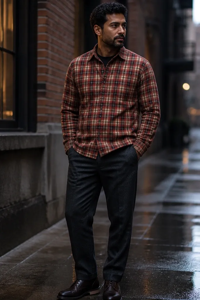 Red-brown check flannel with dark charcoal trousers and black shoes