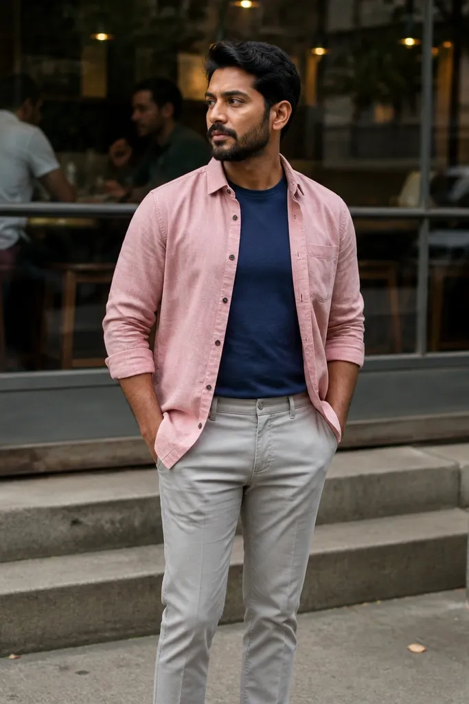 Pastel pink flannel open over navy tee with light grey pants