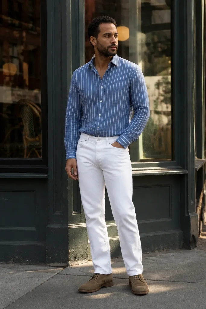 Blue stripe light flannel over white denim with tan boots
