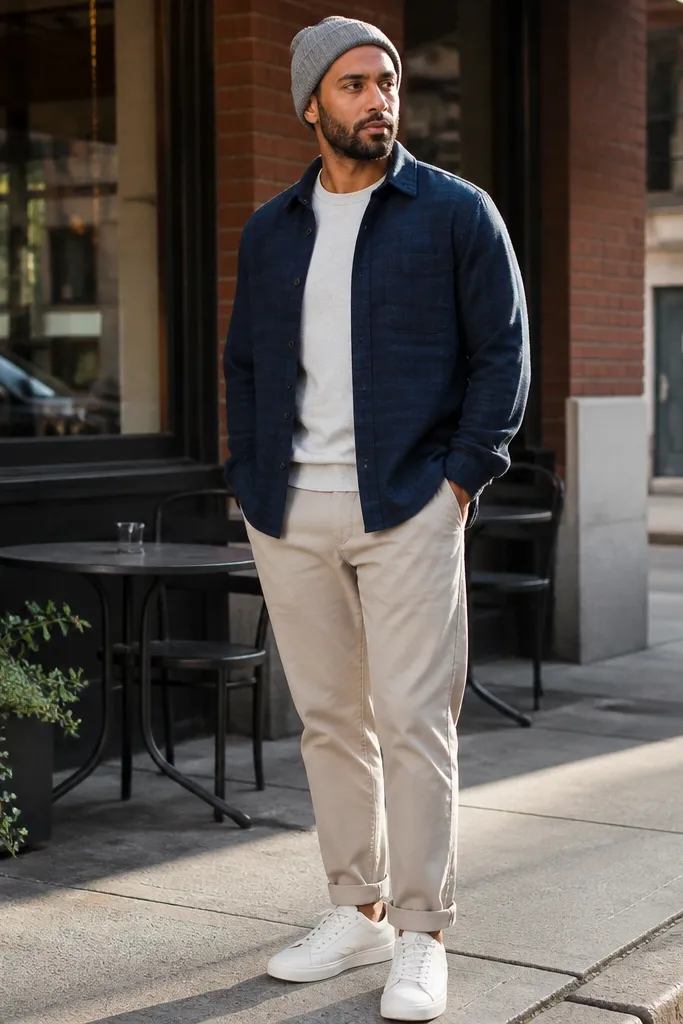 Navy light flannel over a white tee with sand chinos and brown loafers
