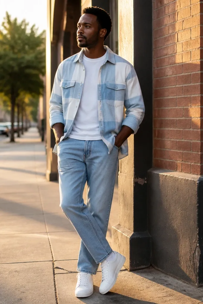 White tee under pale blue flannel with light wash jeans and white sneakers