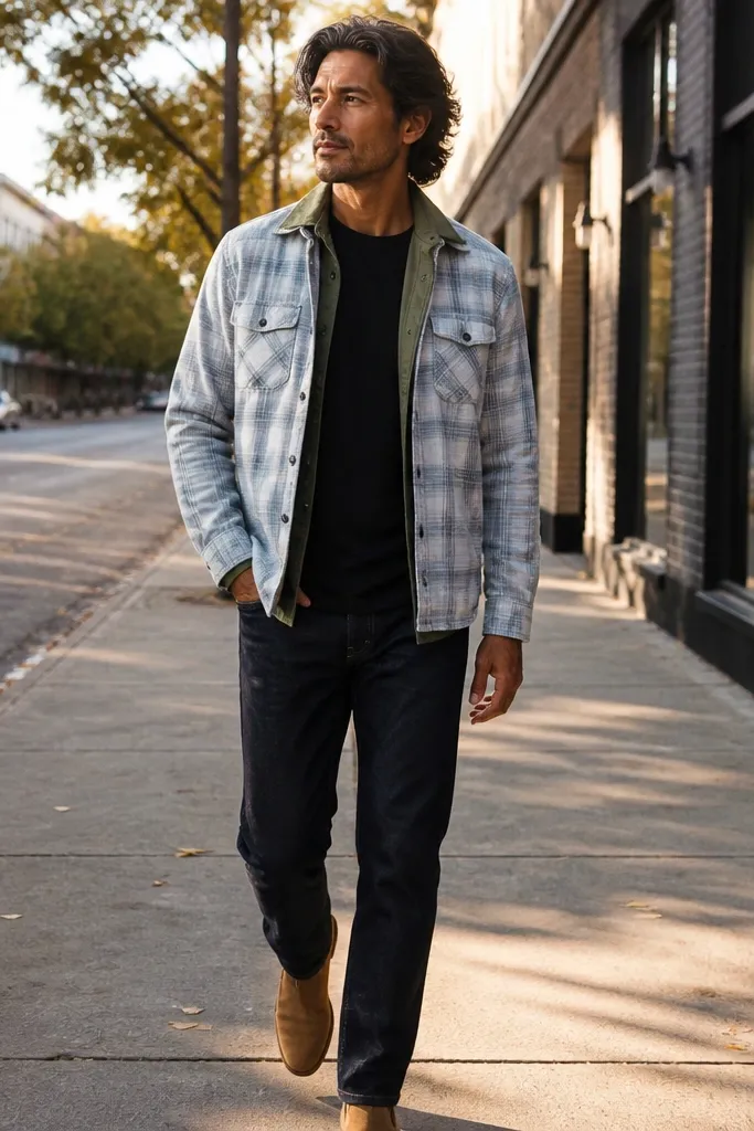Light flannel worn over black tee with olive overshirt and dark jeans
