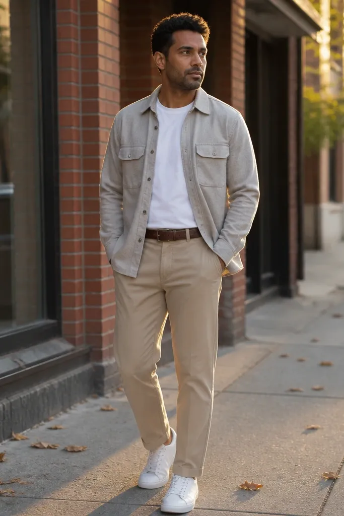 Light flannel worn like a jacket over a tee with chinos and loafers