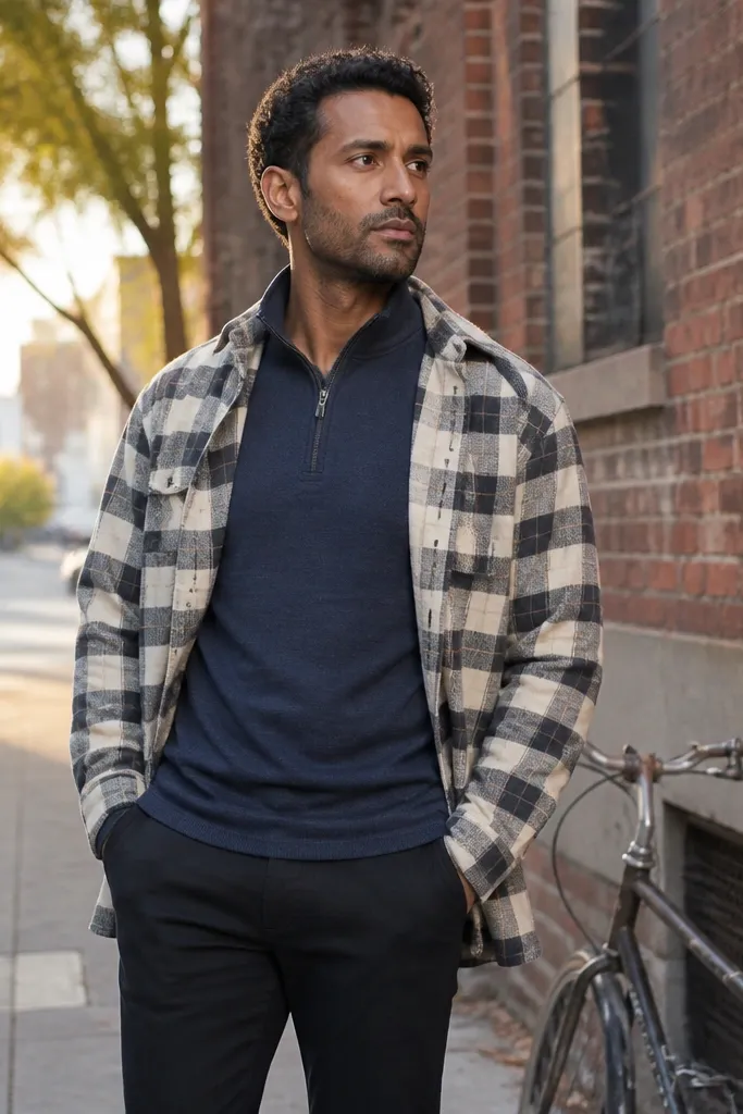 Light check flannel layered under a quarter zip knit with jeans and boots