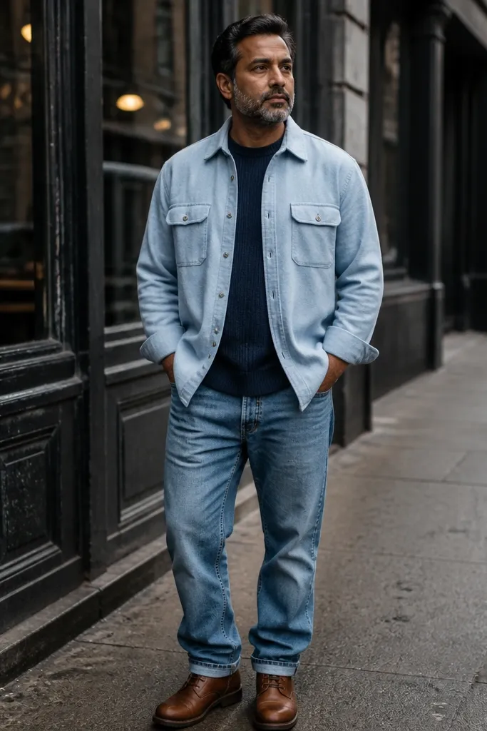 Monochrome blue outfit with light flannel and chambray jeans and white sneakers