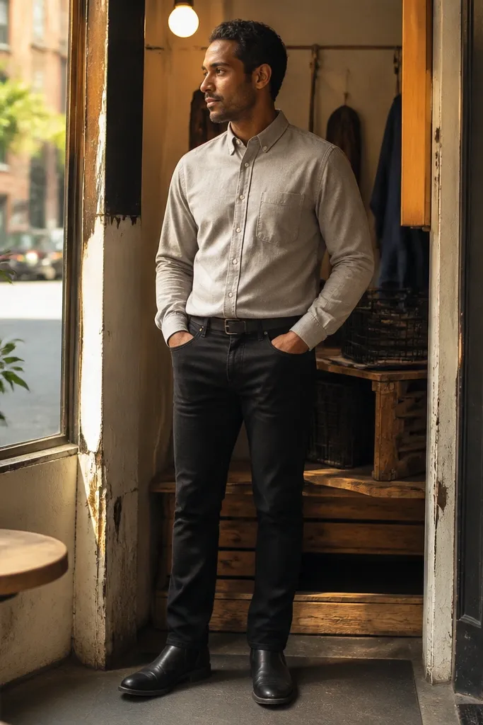 Light flannel tucked into slim black jeans with black Chelsea boots