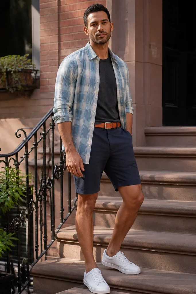 Light flannel worn open over a longline tee with tailored shorts and sneakers