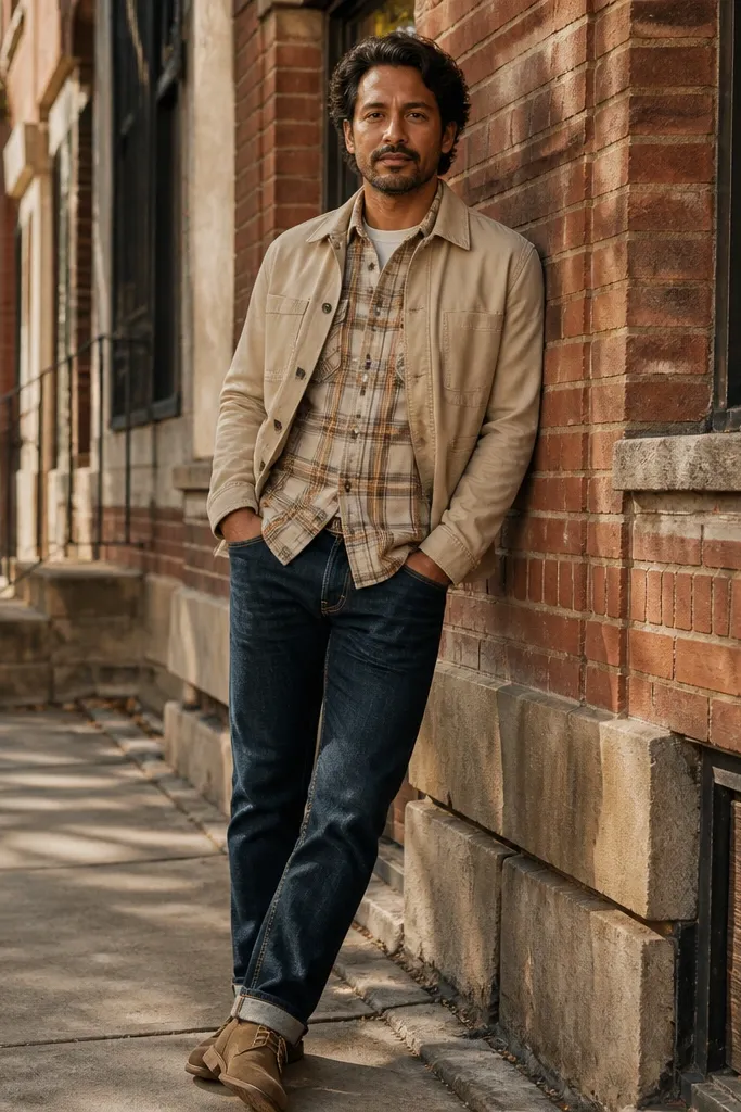 Light flannel under a slim overshirt with beige chinos and brown loafers