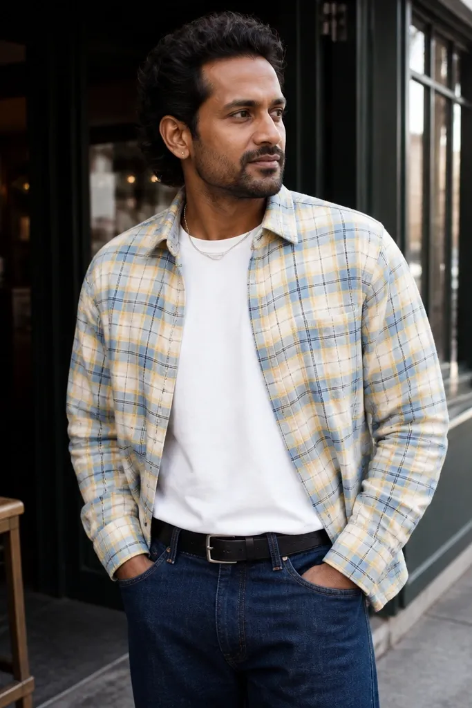 Light flannel worn open with a visible belt, dark trousers, and leather sneakers